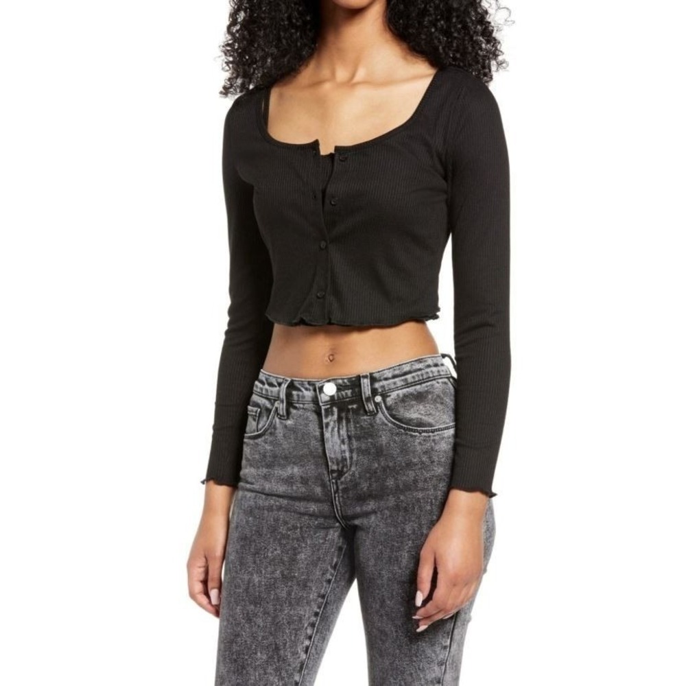 BP. Women's Cropped Ribbed Lettuce Edge Cardigan Camisole Set in Black Medium